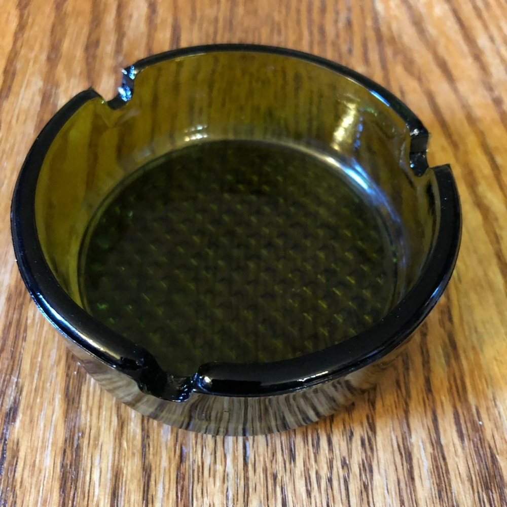 Vintage Green Glass Ashtray with Waffle Bottom Pattern